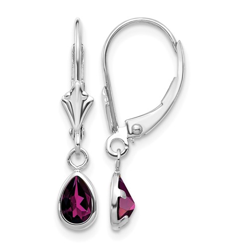14K White Gold 6x 4 Pear Bezel June Rhodolite Garnet Leverback Earrings