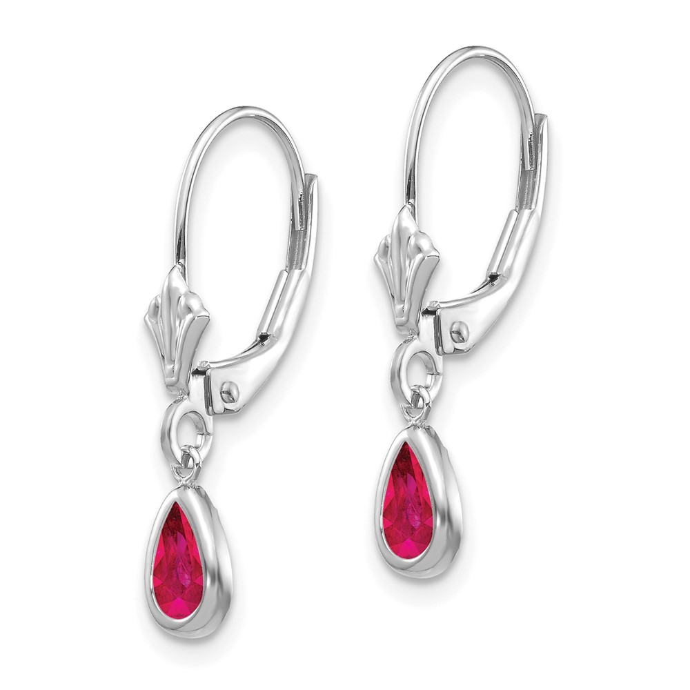 14K White Gold 6x 4 Pear Bezel July Ruby Leverback Earrings
