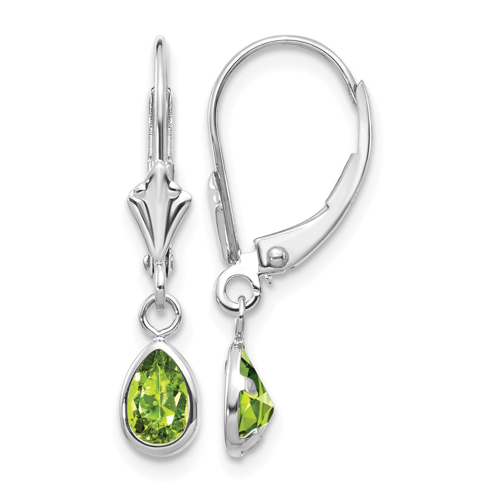 14K White Gold 6x 4 Pear Bezel August Peridot Leverback Earrings