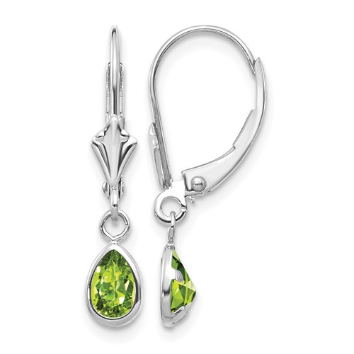 14K White Gold 6x 4 Pear Bezel August Peridot Leverback Earrings