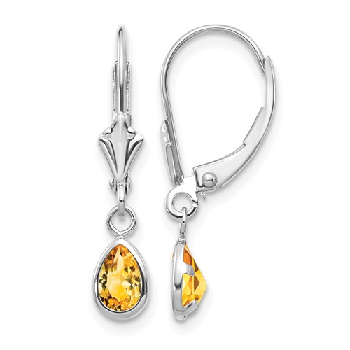 14K White Gold 6x 4 Pear Bezel November Citrine Leverback Earrings