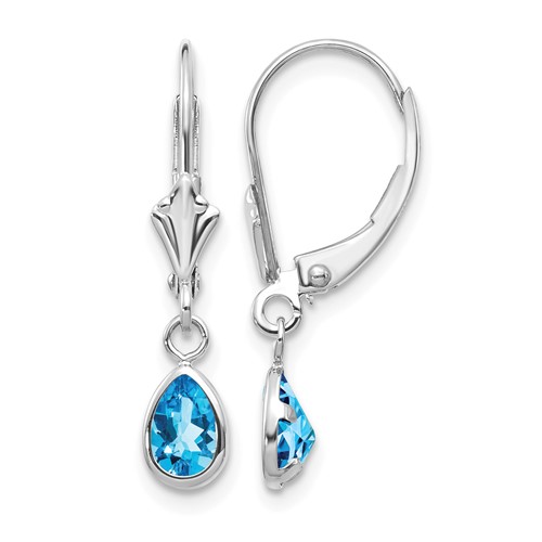 14K White Gold 6x 4 Pear Bezel December Blue Topaz Leverback Earrings