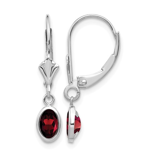 14K White Gold 6x 4 Oval Bezel January Garnet Leverback Earrings
