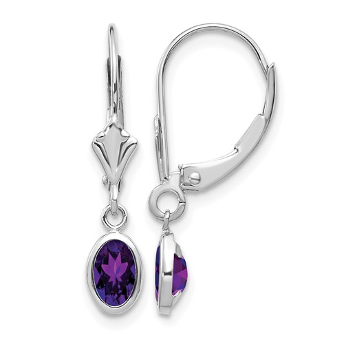 14K White Gold 6x 4 Oval Bezel February Amethyst Leverback Earrings