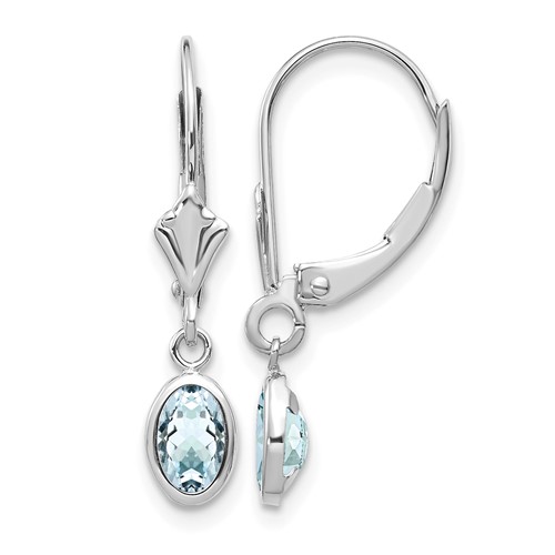 14K White Gold 6x 4 Oval Bezel March Aquamarine Leverback Earrings