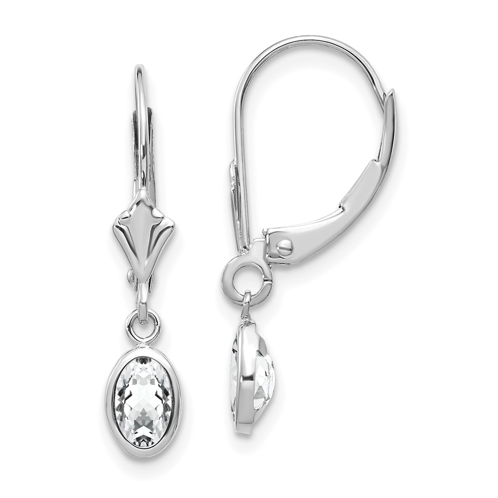 14k WG 6×4 Oval Bezel April/White Topaz Leverback Earrings