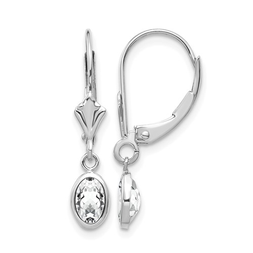 14K White Gold 6x 4 Oval Bezel April White Topaz Leverback Earrings