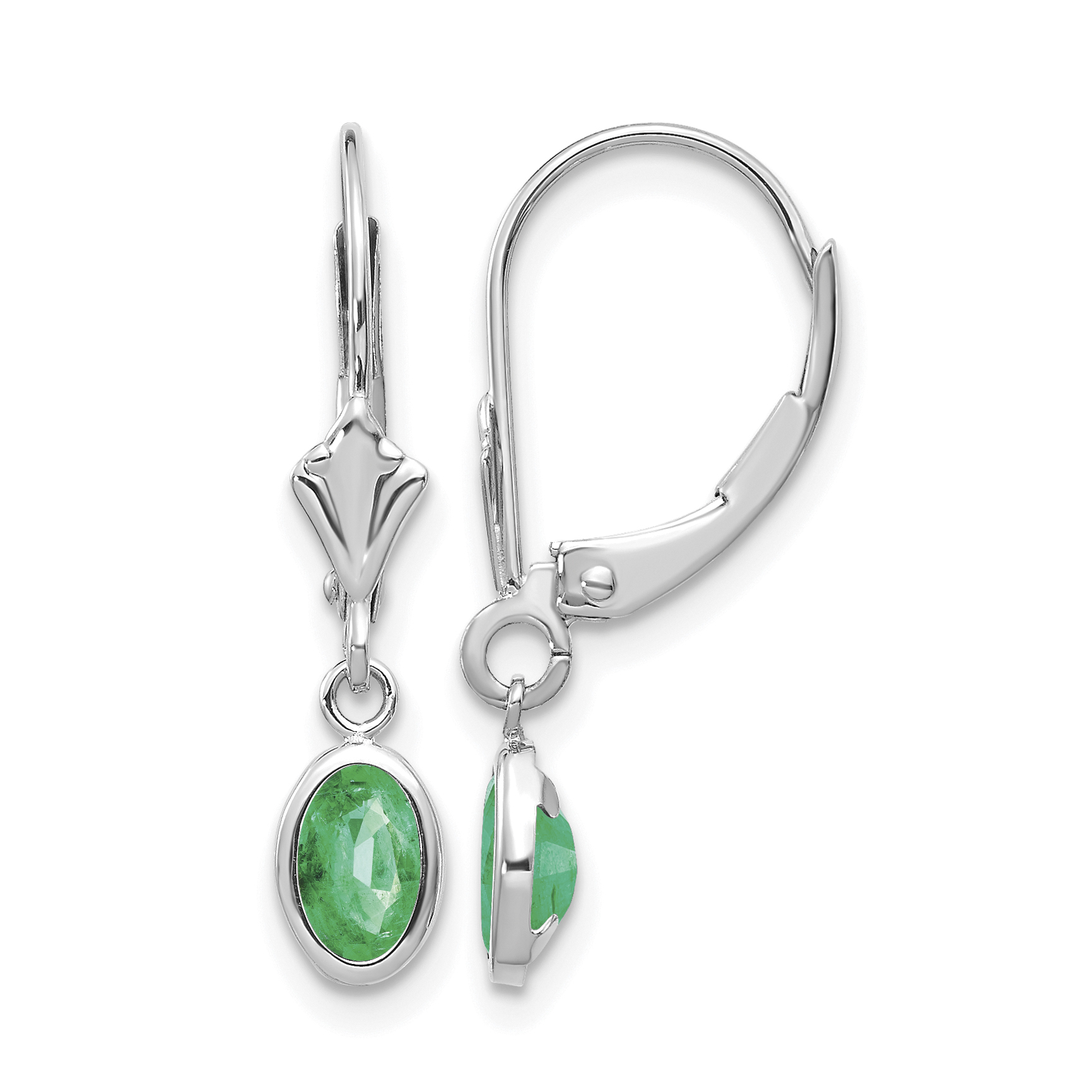 14k White Gold 6x4 Oval Bezel May/Emerald Leverback Earrings (XBE293)
