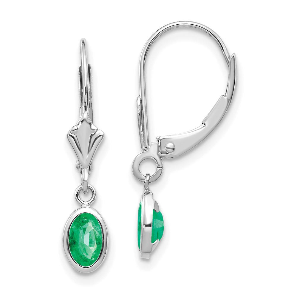 14k White Gold 6×4 Oval Bezel May/Emerald Leverback Earrings