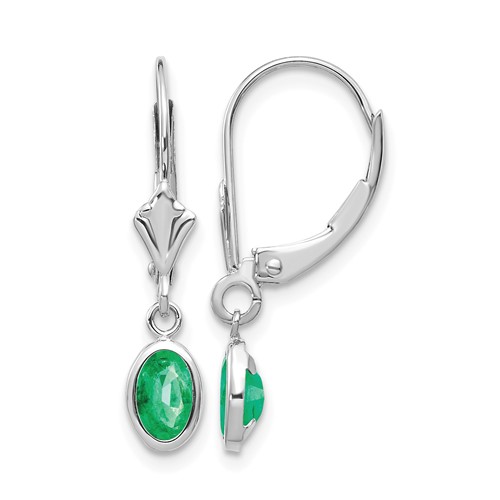 14K White Gold 6x 4 Oval Bezel May Emerald Leverback Earrings