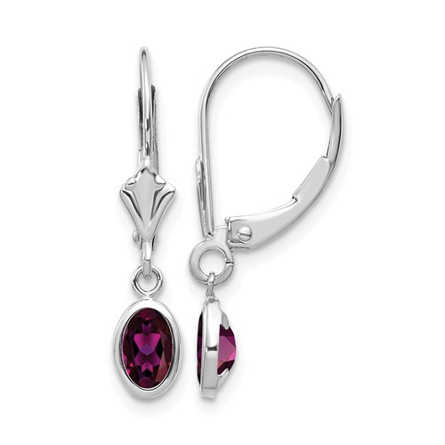 14K White Gold 6x 4 Oval Bezel June Rhodolite Garnet Leverback Earrings