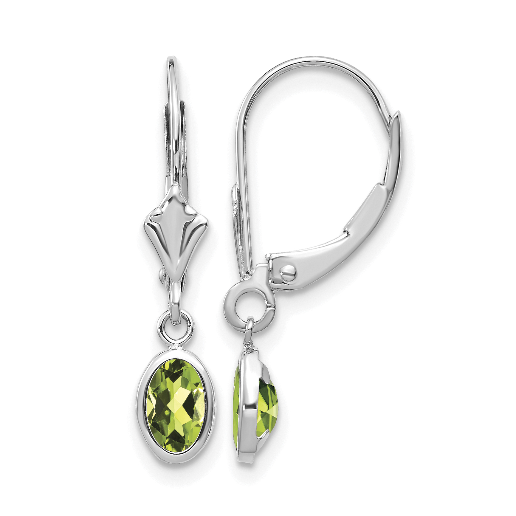 14k White Gold 6x4 Oval Bezel August/Peridot Leverback Earrings (XBE296)