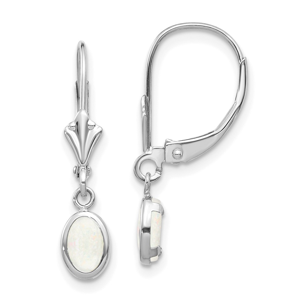 14k White Gold 6×4 Oval Bezel October/Opal Leverback Earrings