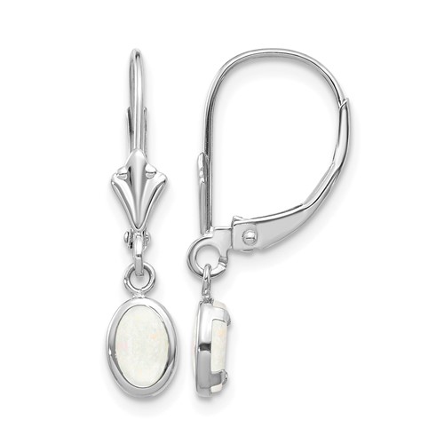 14K White Gold 6x 4 Oval Bezel October Opal Leverback Earrings