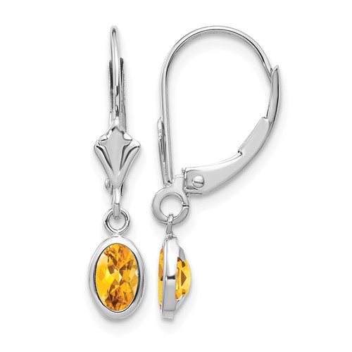 14K White Gold 6x 4 Oval Bezel November Citrine Leverback Earrings