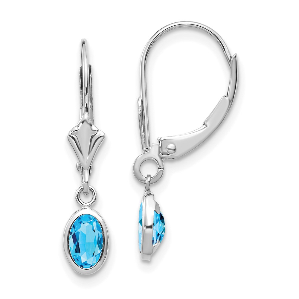 14k White Gold 6×4 Oval Bezel December/Blue Topaz Leverback Earrings