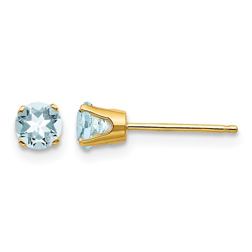 14K 4mm Yellow Gold Round March Aquamarine Post Earrings