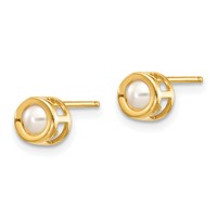 14K 4mm Yellow Gold Round Bezel June Freshwater Cultured Pearl Post Earrings view 2