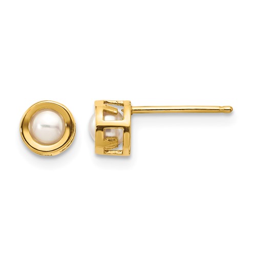 14K 4mm Yellow Gold Round Bezel June Freshwater Cultured Pearl Post Earrings