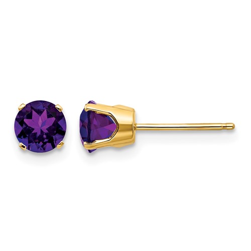14K 5mm Yellow Gold Round Amethyst Earrings - February