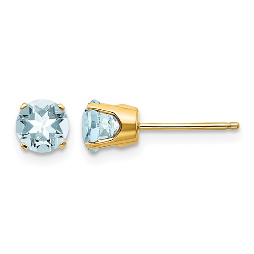 14K 5mm Yellow Gold Round Aquamarine Earrings - March