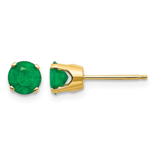 14K 5mm Yellow Gold Round Natural Emerald Earrings - May