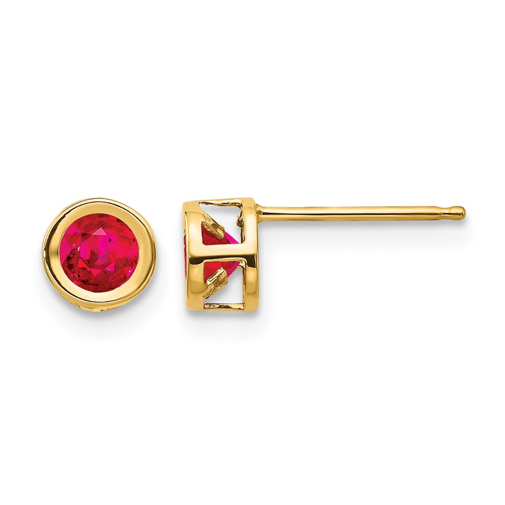 14K 4mm Yellow Gold Round Bezel July Ruby Post Earrings