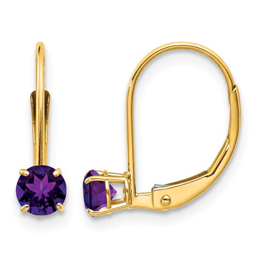 14K 4mm Yellow Gold Round February Amethyst Leverback Earrings