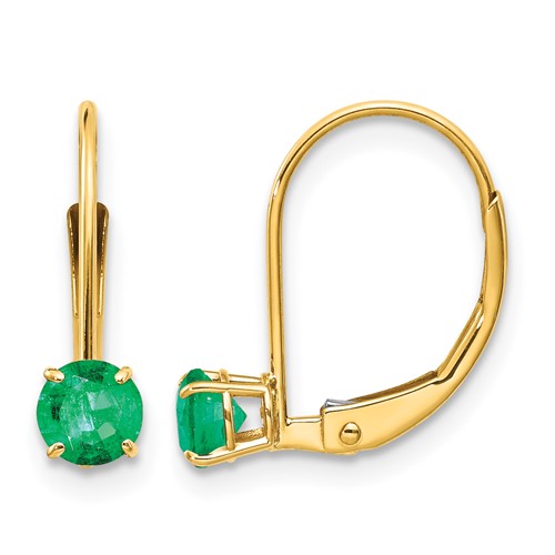 14K 4mm Yellow Gold Round May Emerald Leverback Earrings