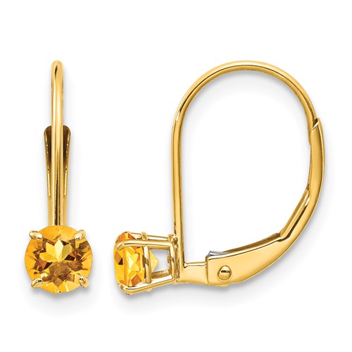 14K 4mm Yellow Gold Round November Citrine Leverback Earrings