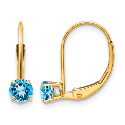 14K 4mm Yellow Gold Round December Blue Topaz Leverback Earrings