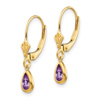 14K Yellow Gold 6x 4mm Pear Bezel February Amethyst Leverback Earrings view 2
