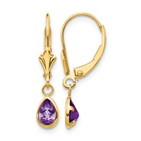 14K Yellow Gold 6x 4mm Pear Bezel February Amethyst Leverback Earrings view 1