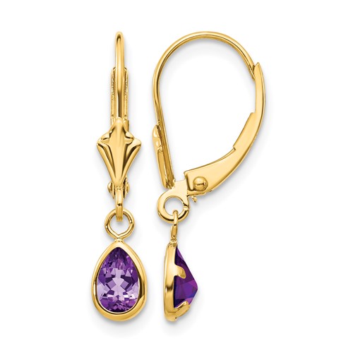 14K Yellow Gold 6x 4mm Pear Bezel February Amethyst Leverback Earrings