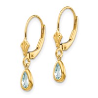 14K Yellow Gold 6x 4mm Pear Bezel March Aquamarine Leverback Earrings view 2