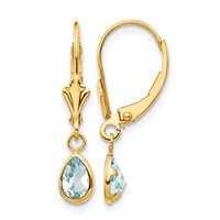 14K Yellow Gold 6x 4mm Pear Bezel March Aquamarine Leverback Earrings view 1