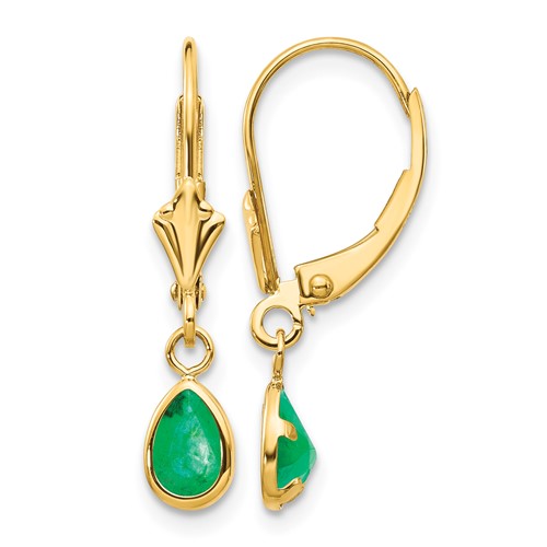 14K Yellow Gold 6x 4mm Pear Bezel May Emerald Leverback Earrings