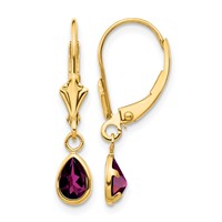 14K Yellow Gold 6x 4mm Pear Bezel June Rhodolite Garnet Leverback Earrings view 1