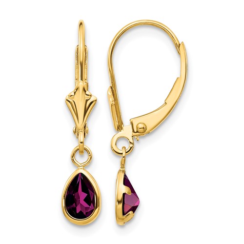 14K Yellow Gold 6x 4mm Pear Bezel June Rhodolite Garnet Leverback Earrings