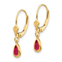 14K Yellow Gold 6x 4mm Pear Bezel July Ruby Leverback Earrings view 2
