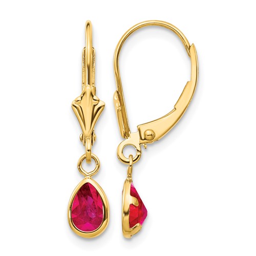 14K Yellow Gold 6x 4mm Pear Bezel July Ruby Leverback Earrings