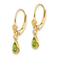 14K Yellow Gold 6x 4mm Pear Bezel August Peridot Leverback Earrings view 2
