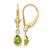 14K Yellow Gold 6x 4mm Pear Bezel August Peridot Leverback Earrings view 1