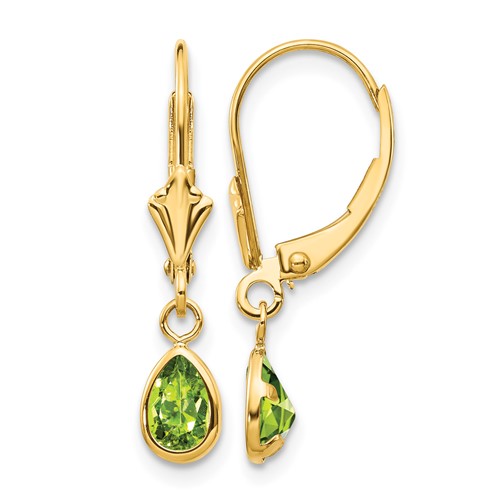 14K Yellow Gold 6x 4mm Pear Bezel August Peridot Leverback Earrings
