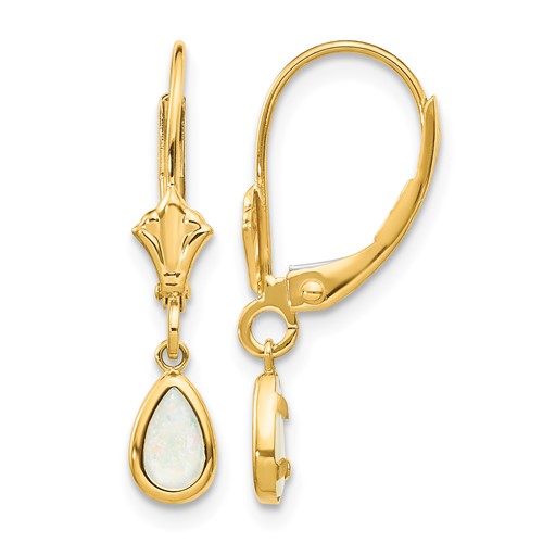 14K Yellow Gold 6x 4mm Pear Bezel October Opal Leverback Earrings