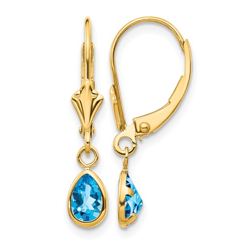 14K Yellow Gold 6x 4mm Pear Bezel December Blue Topaz Leverback Earrings