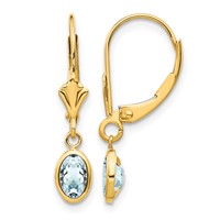 14K Yellow Gold 6x 4 Oval Bezel March Aquamarine Leverback Earrings view 1