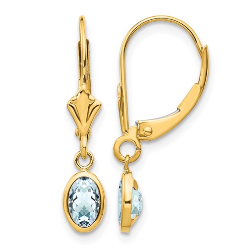 14K Yellow Gold 6x 4 Oval Bezel March Aquamarine Leverback Earrings