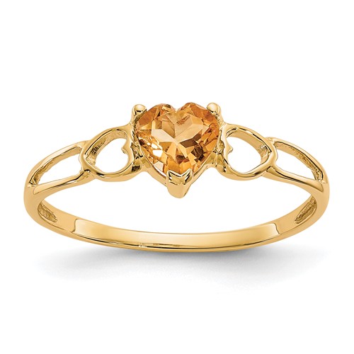 14K 5mm Yellow Gold Heart Citrine Birthstone Ring