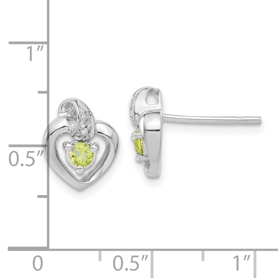 14k White Gold Diamond & Peridot August Birthstone Heart Earrings